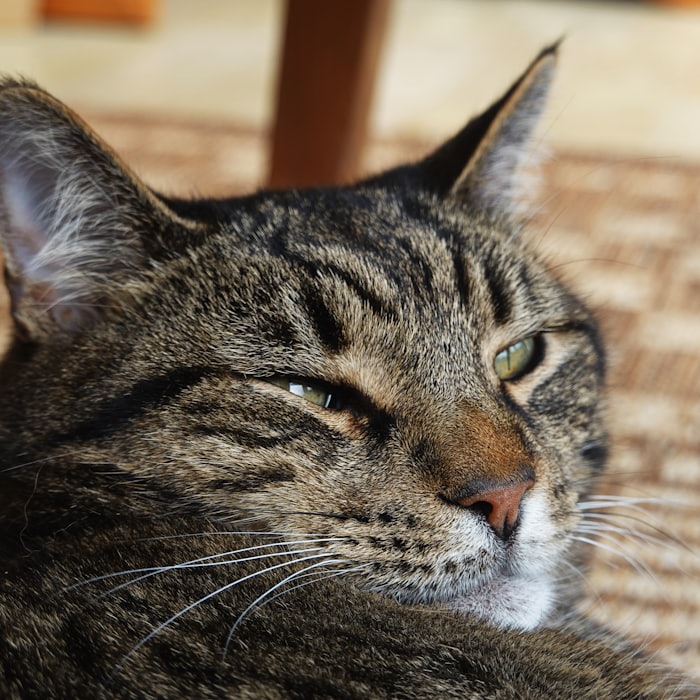 日なたでうとうとしているキジトラ猫のきなこ